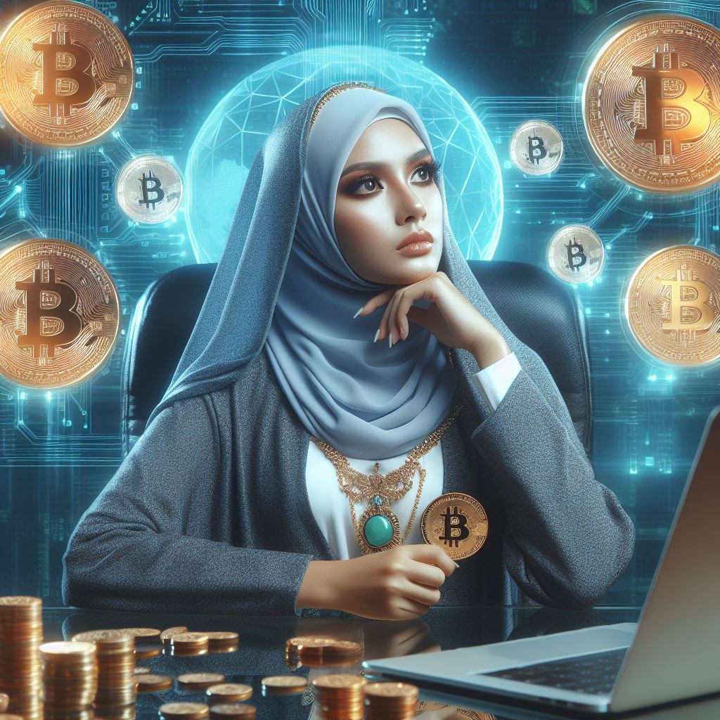 girl is holding bitcoin in office